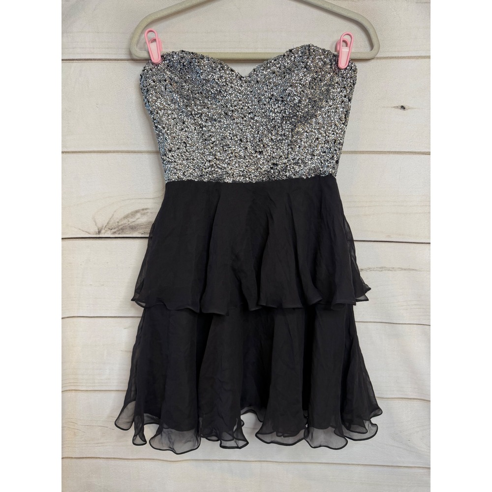 Scala Womens Silver Sequin Black Silk Tiered Ruffle‎ Strapless Cocktail Dress 8